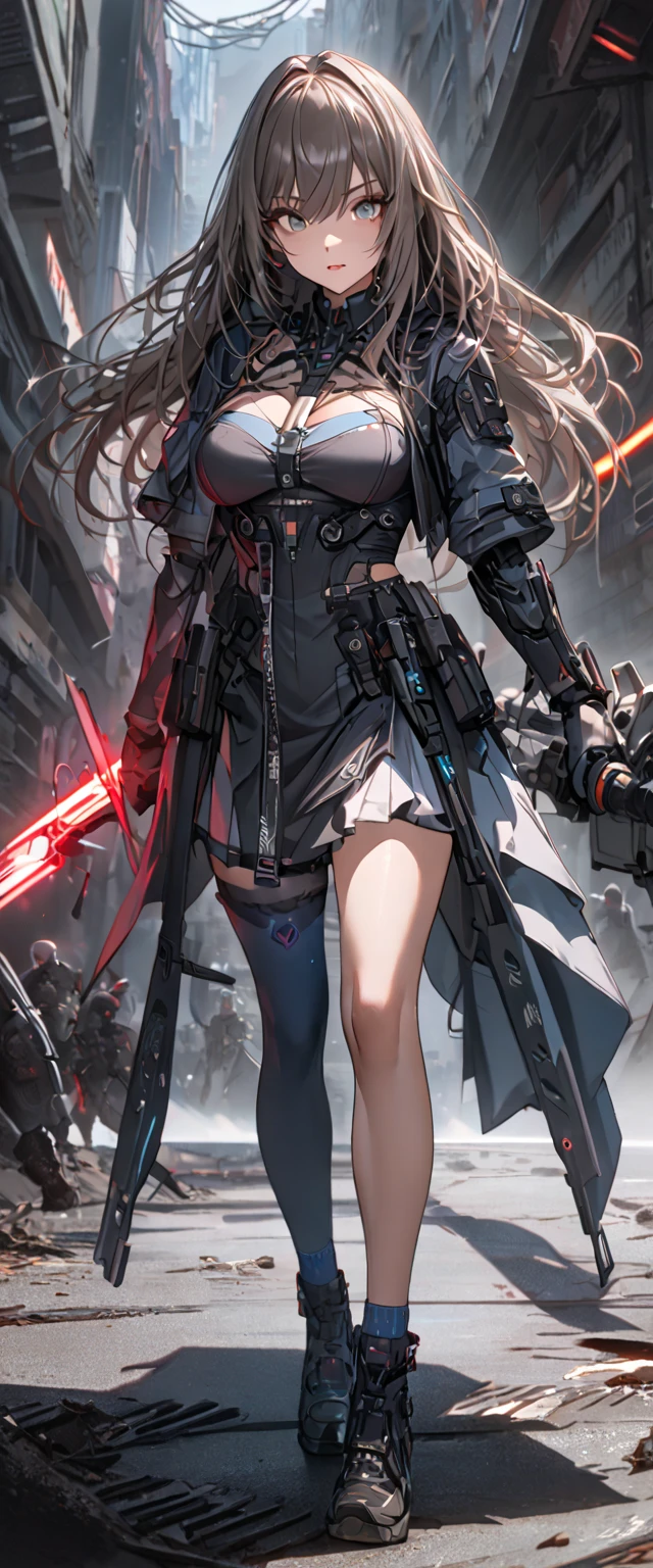 (cyber punk girl), (nikke), (top quality:1.2, masterpiece:1.4, EXQUISITE RENDERING:1.3), (((Secret Weapon Girl:1.2)), ((A girl carrying a weapon that looks like a feather on her back:1.5)), (Clear eyes,  glossy lips, pretty face), ((ARMS CONVERTED TO LASER CANNON:1.4)), (WITH LASER CANNON:1.4), ((Blue long dress:1.8)), (EXQUISITE PAINTED DRESS),   MECHANIZED ANIMATION MACHINE GUN FIRE,  A warring sniper girl, Soldier Girl,  FEMALE ACTION ANIMATION ANIMATION GIRL, Neon City,  POST APOCALYPSE ART,  androgynous,  mixed media,  blue legwear, Analog Horror, Nightmare Fuel,  seductively beautiful,  Beautiful and Evil,  ((Fighting Pose:1.5)), ((full body photo:1.2))、((black background:1.6)),