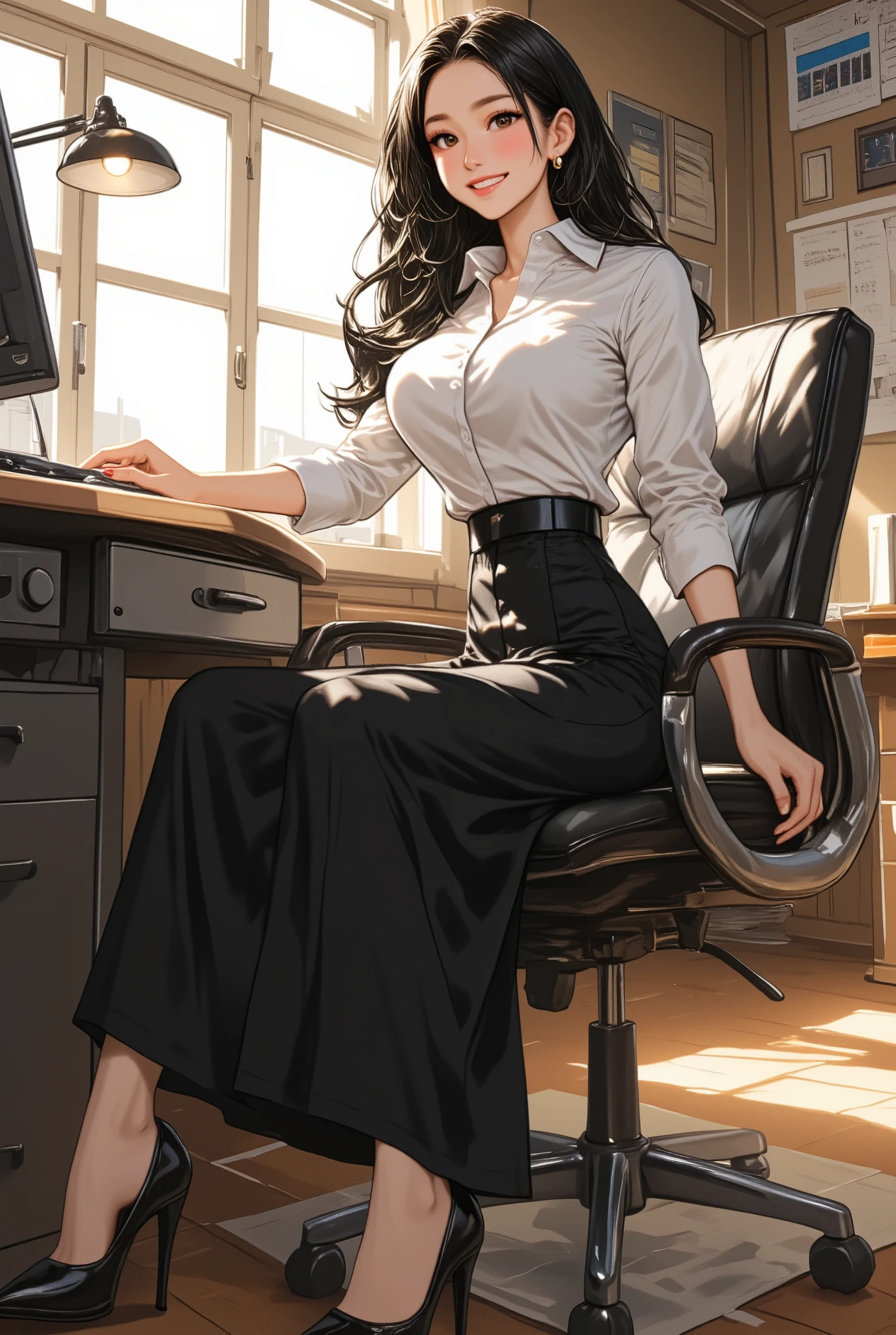 ((masterpiece, high resolution, better quality, better details)), ((Smiling)), ((one girl)) a girl in stairs, focus full body, ((long skirt without openings)), blouse, ((louboutin high heels)), green eyes , ((black hair, long hair)), shiny skin, from above