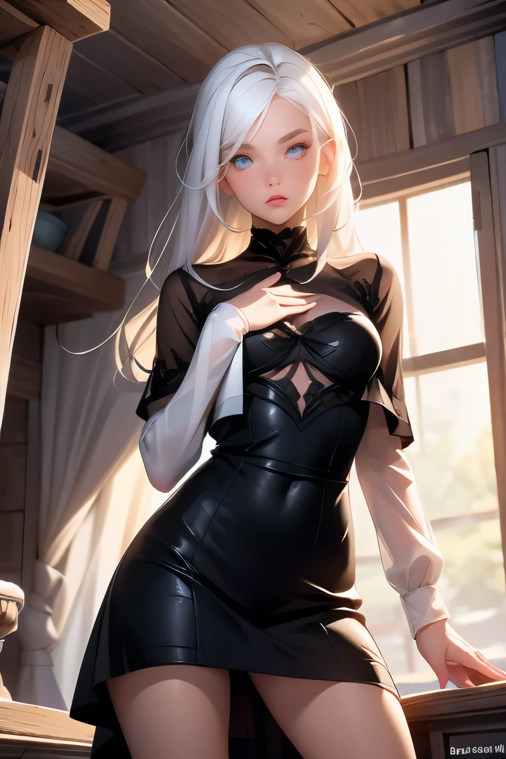  pretty girl  . She is 18 years old , height 180 centimeters .  small chest  , Second size .  Long very beautiful legs . snow-white hair .  She has heterochromia  ( pupils of different colors  ) . One pupil is blue  ,  the second pupil is brown  .  She is wearing a simple black dress ,  standing at the ball  .