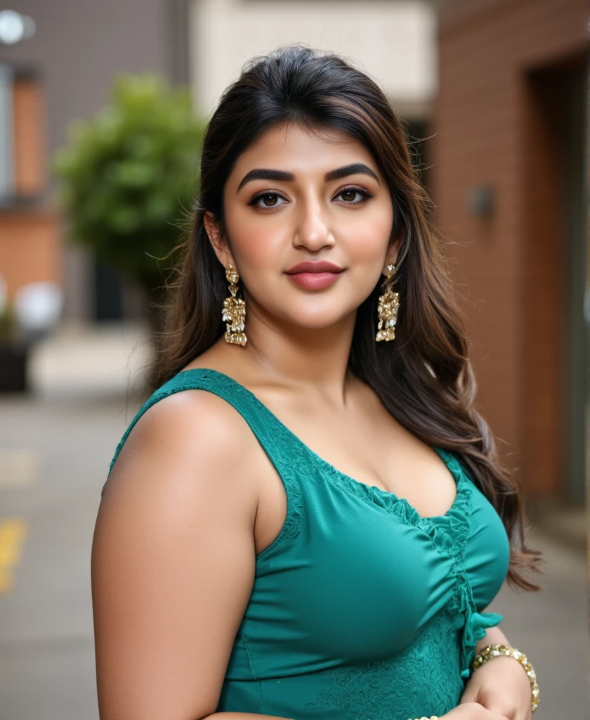 Woman wearing Saree, on street, American ai model,.plus Size Curvy figure, big breast, big Hip,sexy figure, curvy figure , no extra hand, no extra leg, perfect body, perfect picture, beautiful picture, hd picture, proper face, full picture 