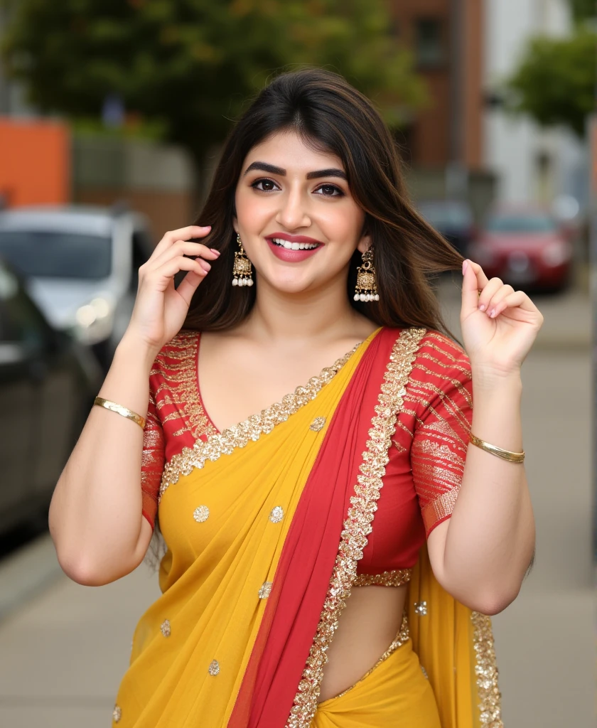 Woman wearing Saree, on street, American ai model,.plus Size Curvy figure, big breast, big Hip,sexy figure, curvy figure , no extra hand, no extra leg, perfect body, perfect picture, beautiful picture, hd picture, proper face, full picture 