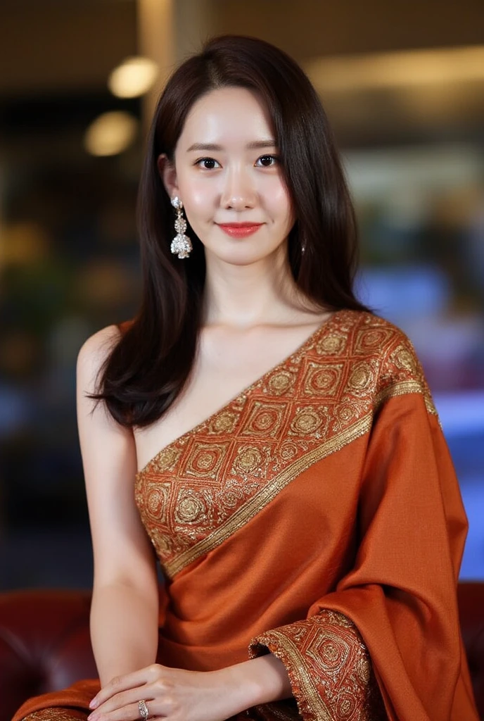 (RAW photos:1.2), (realistic:1.4), (Masterpiece:1.3), (best quality:1.4), Ultra high resolution, (Detailed eyes), (Detailed facial features), (Detailed clothing features), HDR, 8K resolution, focus only, Dressing according to Thai tradition, Traditional shawl , 1 woman , big breasts, A gigantic rift, big breastsดันเสื้อผ้า, big breast, The breasts are fully grown.., Make your breasts bigger.., small waist, Long legs, Facing the audience, full body, depth of field, Cinema-grade lighting system, big breasts,  Too big for your body, Revealing a flat stomach, The lower half of the chest is visible.., sexy sitting position, Image from a very low angle