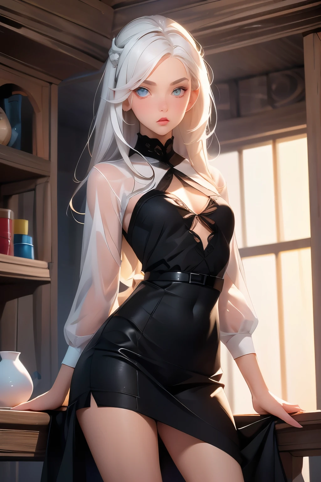  pretty girl  . She is 18 years old , height 180 centimeters .  small chest  , Second size .  Long very beautiful legs . snow-white hair .  She has heterochromia  ( pupils of different colors  ) . One pupil is blue  ,  the second pupil is brown  .  She is wearing a simple black dress ,  standing at the ball  .