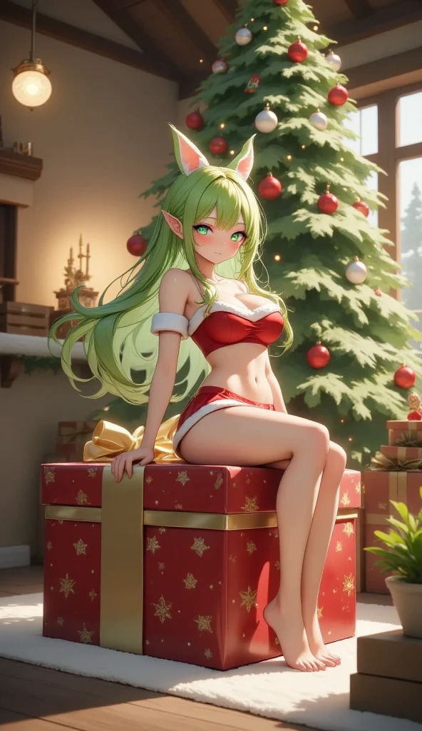 A daikon lady is sitting on a big gift box for Christmas. seductive smile, green leaves long hair, green eyes, pointy ears, breasts, cleavage, sexy santa, Christmas tree, Christmas decorated background