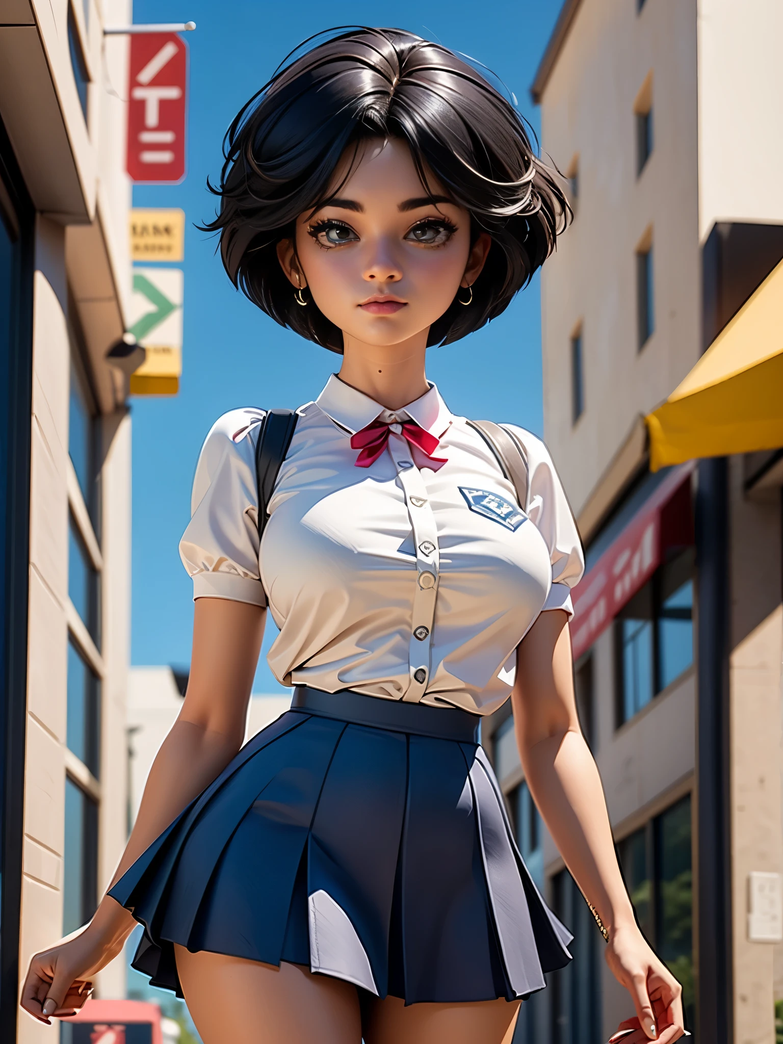 1girl, black eyes, short hair, school uniform, big breast, mini skirt, on the class, innocent face, unity 8k wallpaper, ultra detailed, aesthetic, masterpiece, best quality, photorealistic