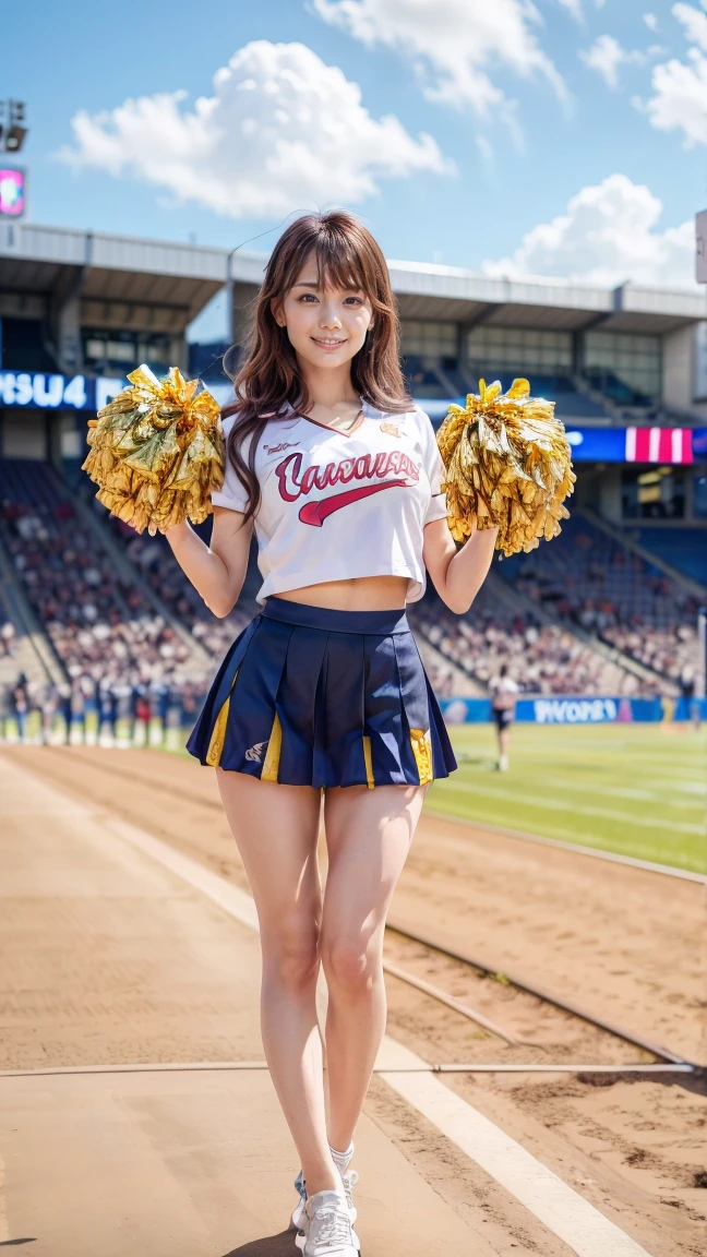 masterpiece, Highest quality, Very detailed, High resolution, (Realistic, photoRealistic:1.37), Excellent anatomy, One beautiful woman, 18-year-old, Height: 152cm, Cheerleader, (Holding a pom-pom in both hands:1.5), A small smile, cheer leading, ブルーCheerleader uniform, (shape), Micro Pleated Mini Skirt, No underwear, ((Very delicate and beautiful)), ((Stadium Background:1.2)), Brown Hair, Long Hair, bangs, Very beautiful face, Cute type, Big Natural Color Lip, Small and cute nose, Big and pretty eyes, Brown eyes, Obvious double, Shiny highlight spots around the eyes, Character Focus, Tilt your head, The best light, Best Shadow, mysterious, Perfect Face, Very detailed, Soft Skin, (Glowing Skin, Sweaty: 1.2), Beautiful feet, Voluptuous thighs, Plump body, Huge breasts, (Expresses the roundness and softness of the chest area.........1), Beautiful body, (The perfect woman), Spread your legs, (挑発的なcheer leadingポーズ), Skirt flip, (Spreading pussy:1.5)