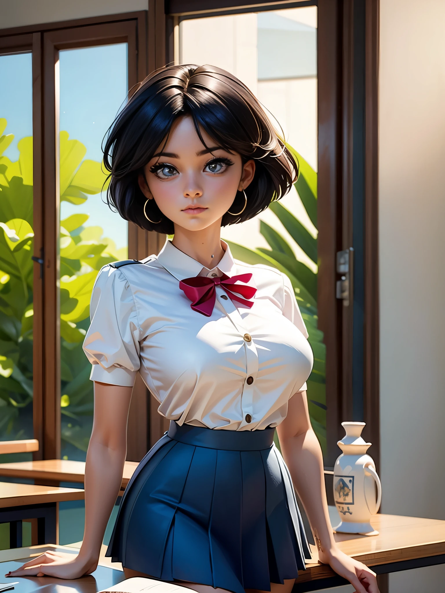 1girl, black eyes, short hair, school uniform, big breast, mini skirt, on the class, innocent face, unity 8k wallpaper, ultra detailed, aesthetic, masterpiece, best quality, photorealistic