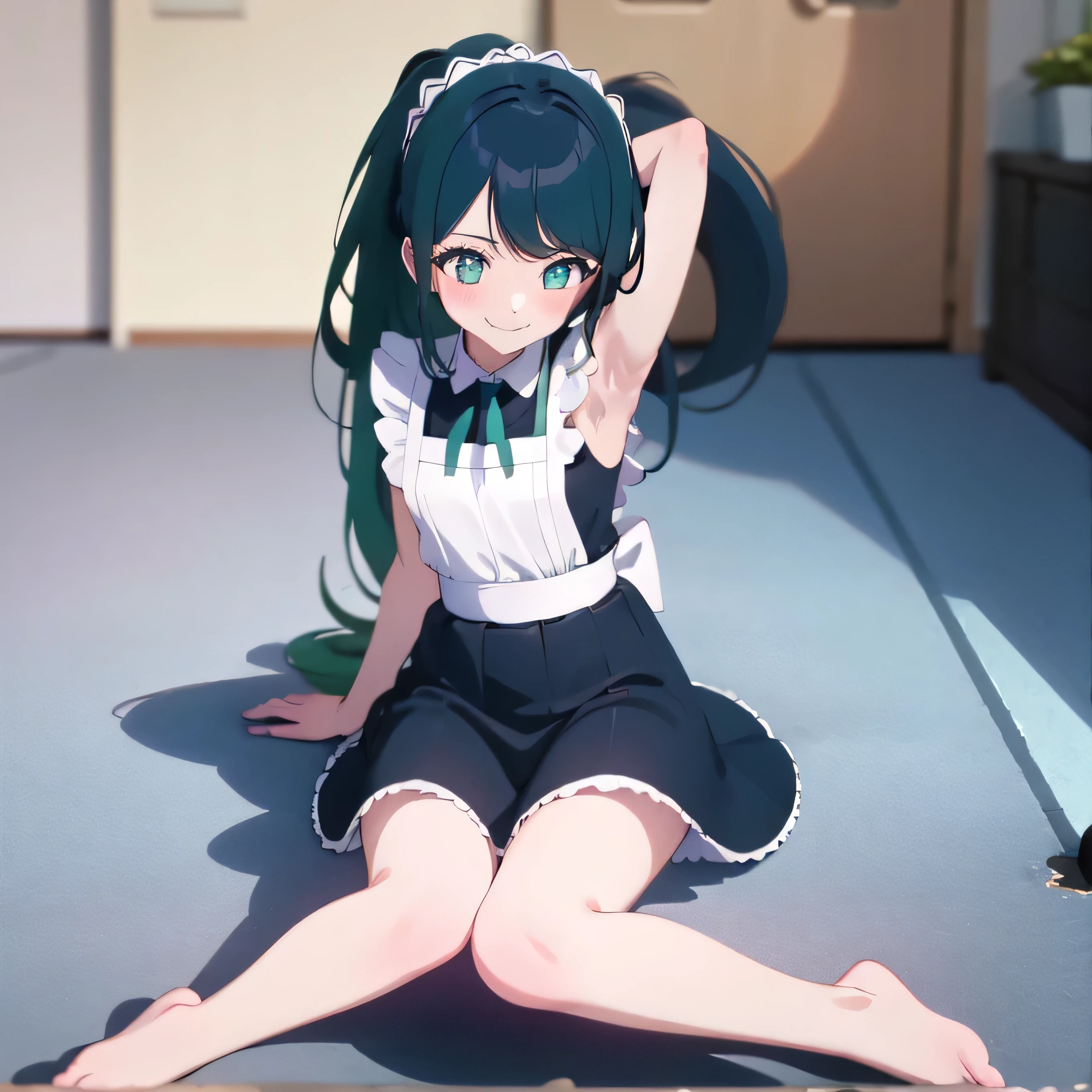 (( top quality)), ((masterpiece)), (  Details), Green Hair,Maid Dress,Moe Moe Ekyun,smile,Side show, 1 girl ,Armpit, Ashikari,Bare legs,barefoot,smile,blush,Embarrassed,Looking down,Trampling,Perfect limbs,Maid Dress,Skin radiance, long ponytail, 1 girl , ponytail,Maid,Bare legs,Bare Legs Allure ,Trampling,