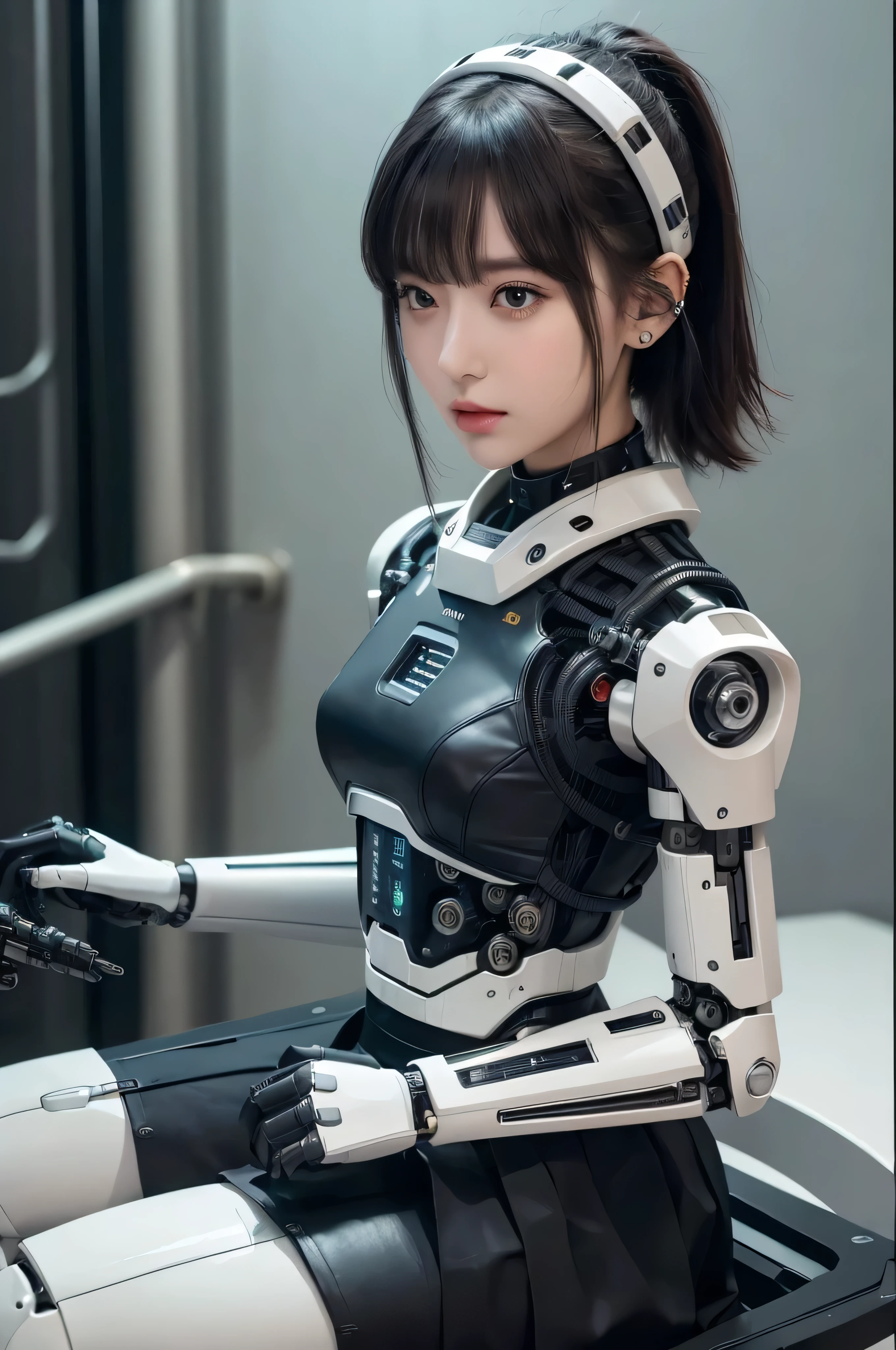 masutepiece, Best Quality, Extremely detailed, (Photorealistic:1.4),(Raw photo) (8K, 4K, Best Quality, hight resolution, 超A high resolution:1.1), (masutepiece, Realistic, Photorealsitic:1.1), 1girl in, Japaese Cyborg Girl,Plump ,Navy Pleated Mini Skirt,Black tights,control panels,android,Droid,Mechanical Hand, ,clothes with a sense of mechanical technology, Robot arms and legs, Black Robot Parts,Black hair,Mechanical body,Blunt bangs,White abdomen,White Robotics Parts,tube dress,perfect robot woman,The laboratory of the future,cyberpunked,Charging spot,android factory,Robot Factory,cyborg factory,Long Tube,A thick cable connects her neck,ceramic body ,complete eyes,Striking eyes,Mechanical body, head antenna,lod antenna on the head,mechanical ear covers,android,robot humanoid,sit the chair
