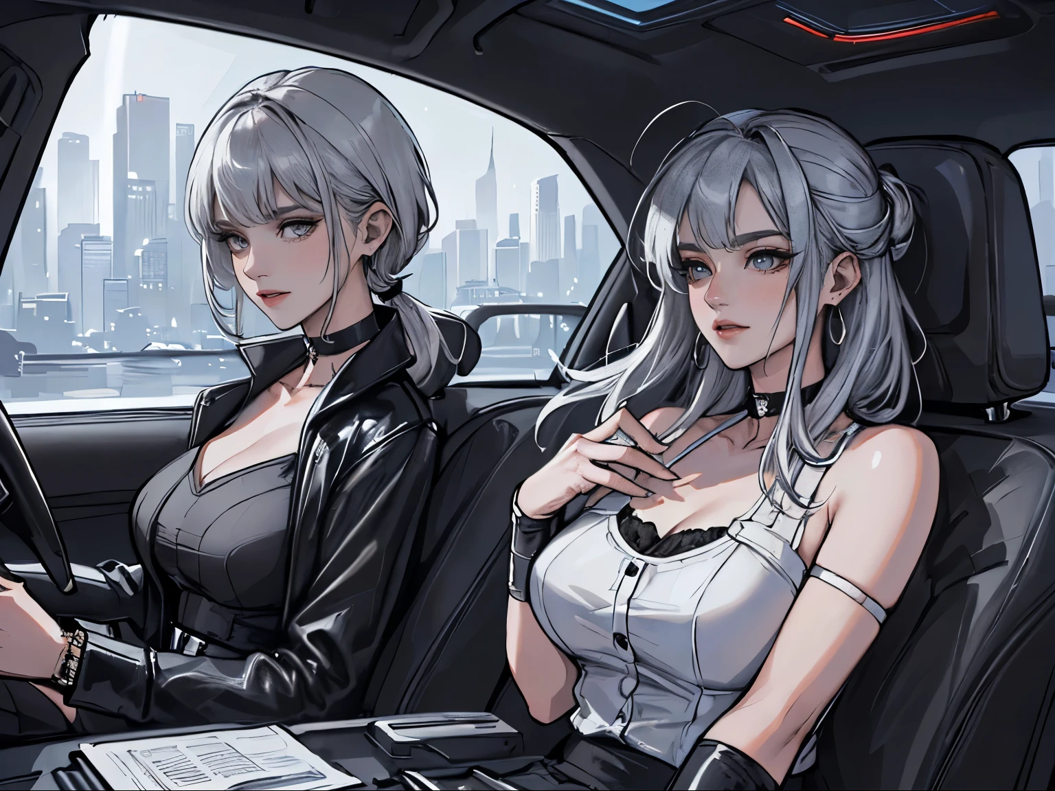 two girls, latex dress, inside car, rainy night, sexy, lewd, makeup, choker, exposed --auto