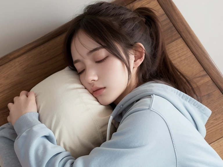  1 girl , Deep sleep、 closed eyes,  opens her mouth slightly ,  frowns,  high definition ,  anatomically correct,  High Quality ,  high detail,  High Definition Model ,  High Quality , 20 year old girl、Sleeping Position、 hoodie、whole body