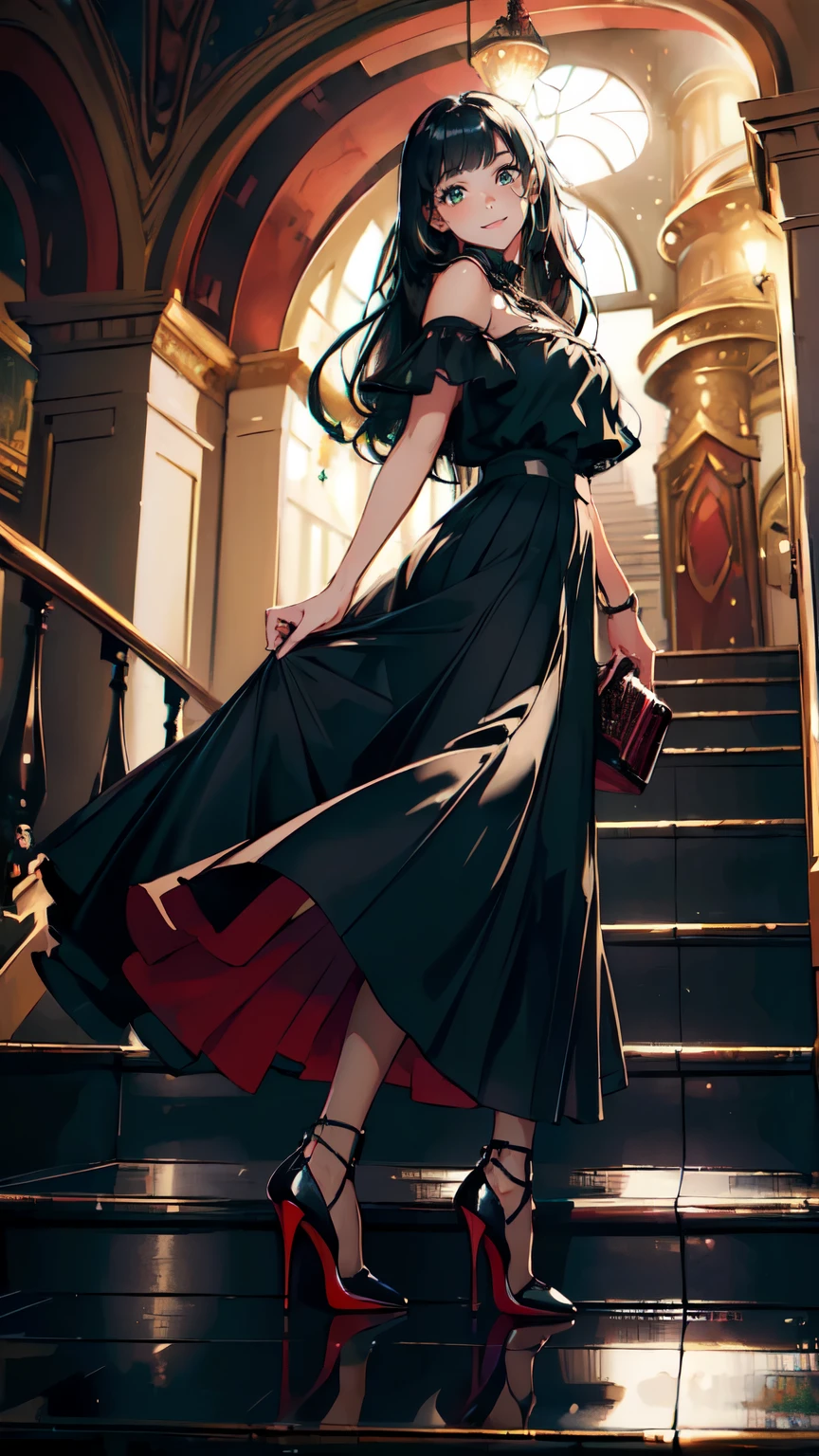 ((masterpiece, high resolution, better quality, better details)), ((Smiling)), ((one girl)) a girl in stairs, focus full body, ((long skirt without openings)), blouse, ((louboutin high heels)), green eyes , ((black hair, long hair)), shiny skin, from above