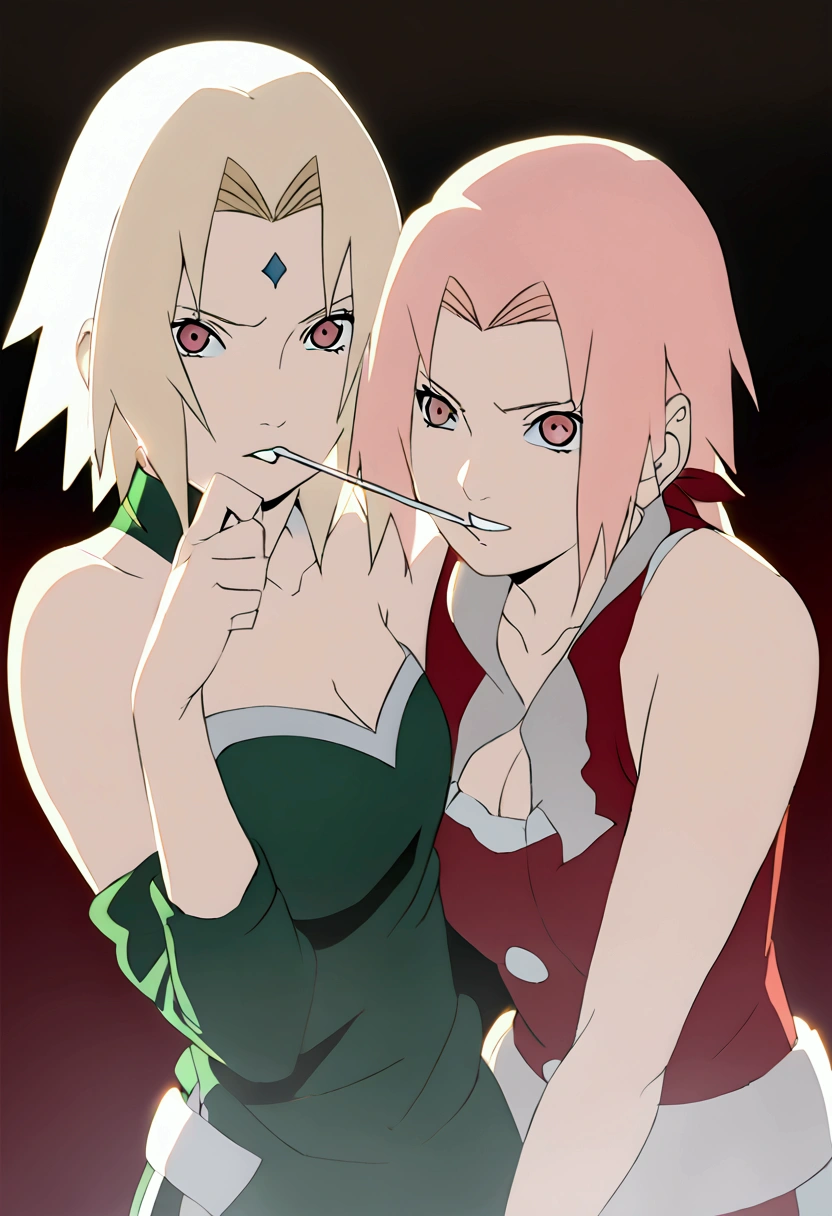 Tsunade and Sakura from the anime naruto wearing sexy christmas dress and sharing a candy cane