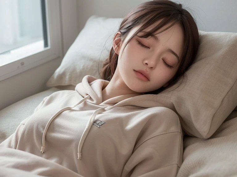  1 girl , Deep sleep、 closed eyes,  opens her mouth slightly ,  frowns,  high definition ,  anatomically correct,  High Quality ,  high detail,  High Definition Model ,  High Quality , 20 year old girl、Sleeping Position、 hoodie、whole body