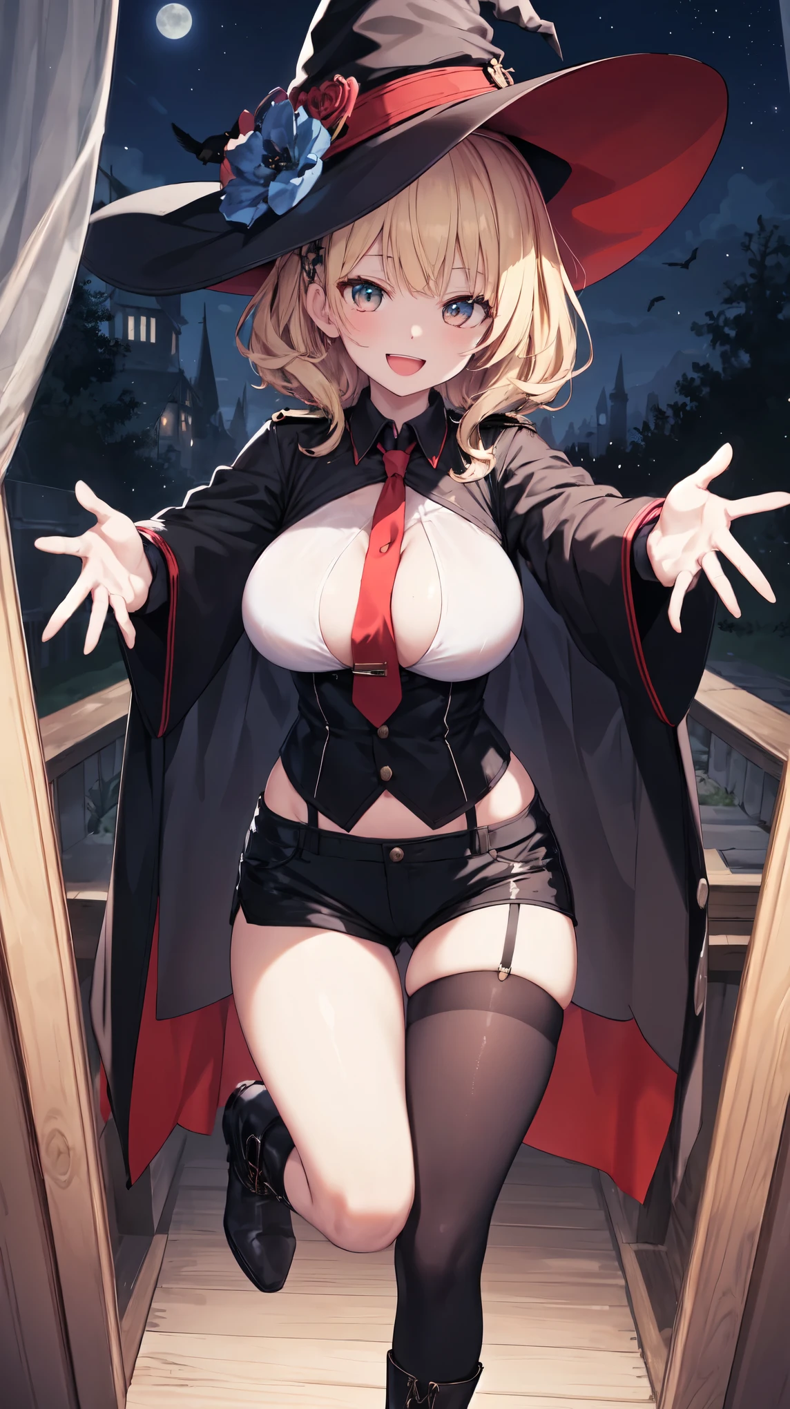 debris flies, highest quality, Highly detailed CG Unity 8K wallpaper, sexy witch , short hair、Dark blonde wavy hair、off shoulder knit, dark blue pleated skirt, stockings、medium breasts, saggy breasts, Pose that emphasizes the chest, blush, shy smile, bare shoulders, (((、open your legs wide、please open your knees))）、、nice magic book、church bed、lying in bed、stick out your butt、Red and black panties、Red and black bra