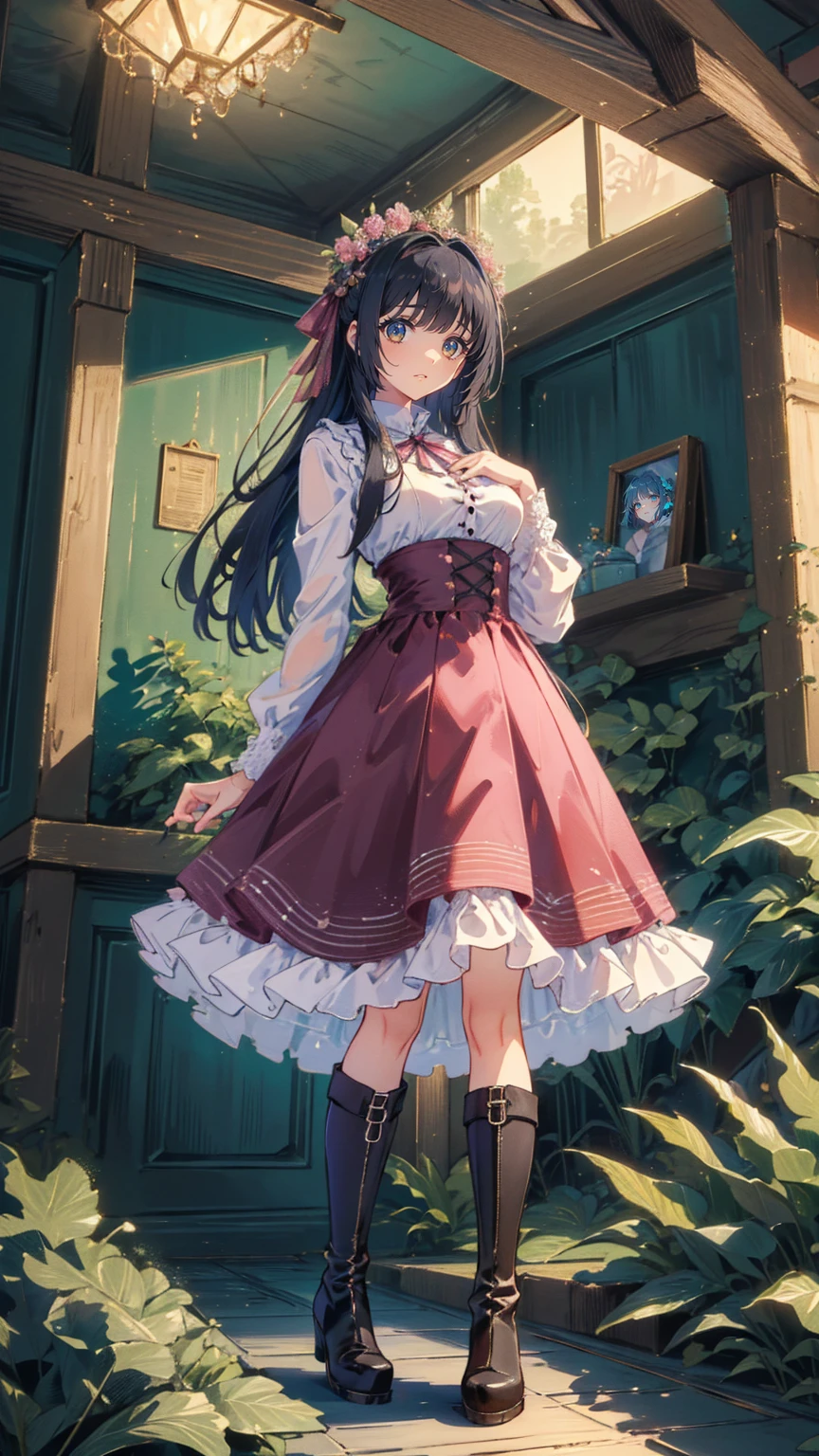 (    masterpiece    : 1.2), (    very detailed bust: 1.2), (    very detailed bust CG: 1.2), (    high image quality: 1.2), (最    high image quality), 8k,     Animated Illustration ,   、    beautiful girl、とてもcute天使、   Standing in front of the front door wearing a pink gothic dress 、cute、、smile、    Long Skirt、 Black long boots 、