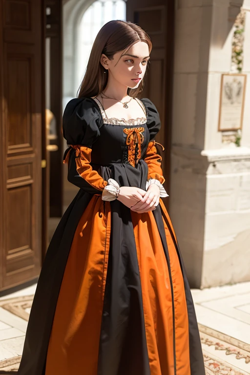 Woman with brown hair in a black and orange Tudor style dress standing in the entrance of the castle