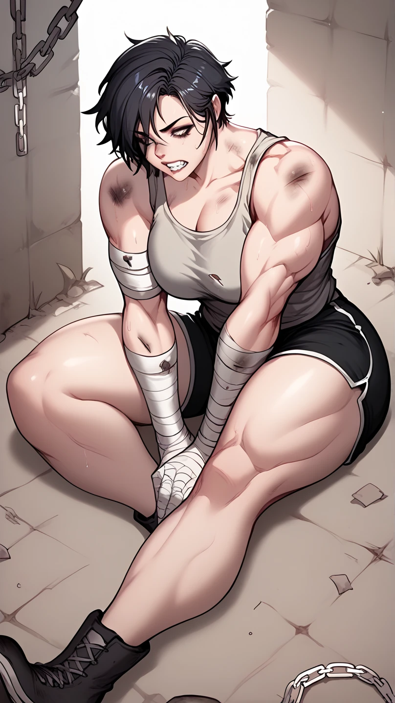 A mad woman with black short hair and huge muscular body, arms and legs, wearing a white dirty tank top and black dirty shorts, bandages on arms, chains on wrists, bruises, sitting on the ground inside the dirty jail, grits teeth, 


