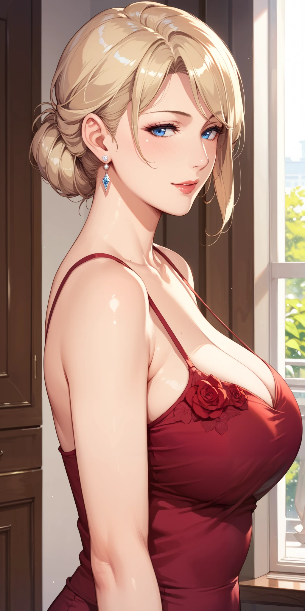 score_9, score_8_up, score_7_up, blonde, blue eyes, perfect eyes, anime milf, elegant mature woman, home, soft light