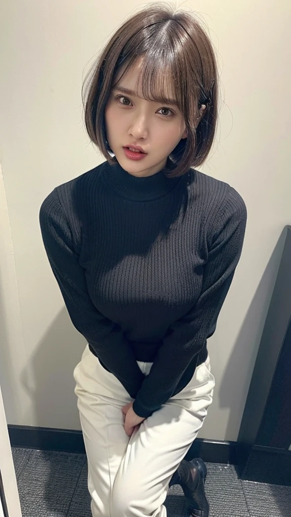 (((black long sleeve knit, white business pants))),((((brown short bob hair, bangs)))), ((junior face)), (((hands between legs, have to pee, standing))), Japanese、(((angry face, open mouth:1.2)))、((((Round face))))、(big cheeks)、((Cute Face))、(((Japanese idol)))、(((background: dark restroom))),  Ultra High Definition,  high image quality model,  retina,  top quality, High resolution、high resolution、in 8K,Highly detailed eyes and face、超High resolution, High resolution、high resolution、in 8K