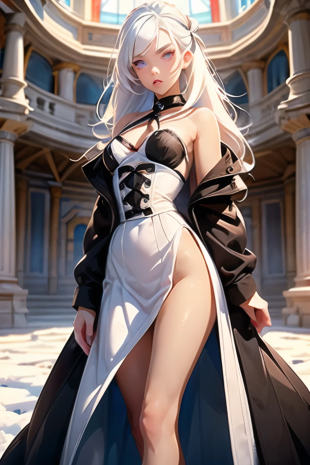  pretty girl  . She is 18 years old , height 180 centimeters .  small chest  , Second size .  Long very beautiful legs . snow-white hair .  She has heterochromia  ( pupils of different colors  ) . One pupil is blue  ,  the second pupil is brown .  She is wearing a simple black dress ,  standing at the ball  .