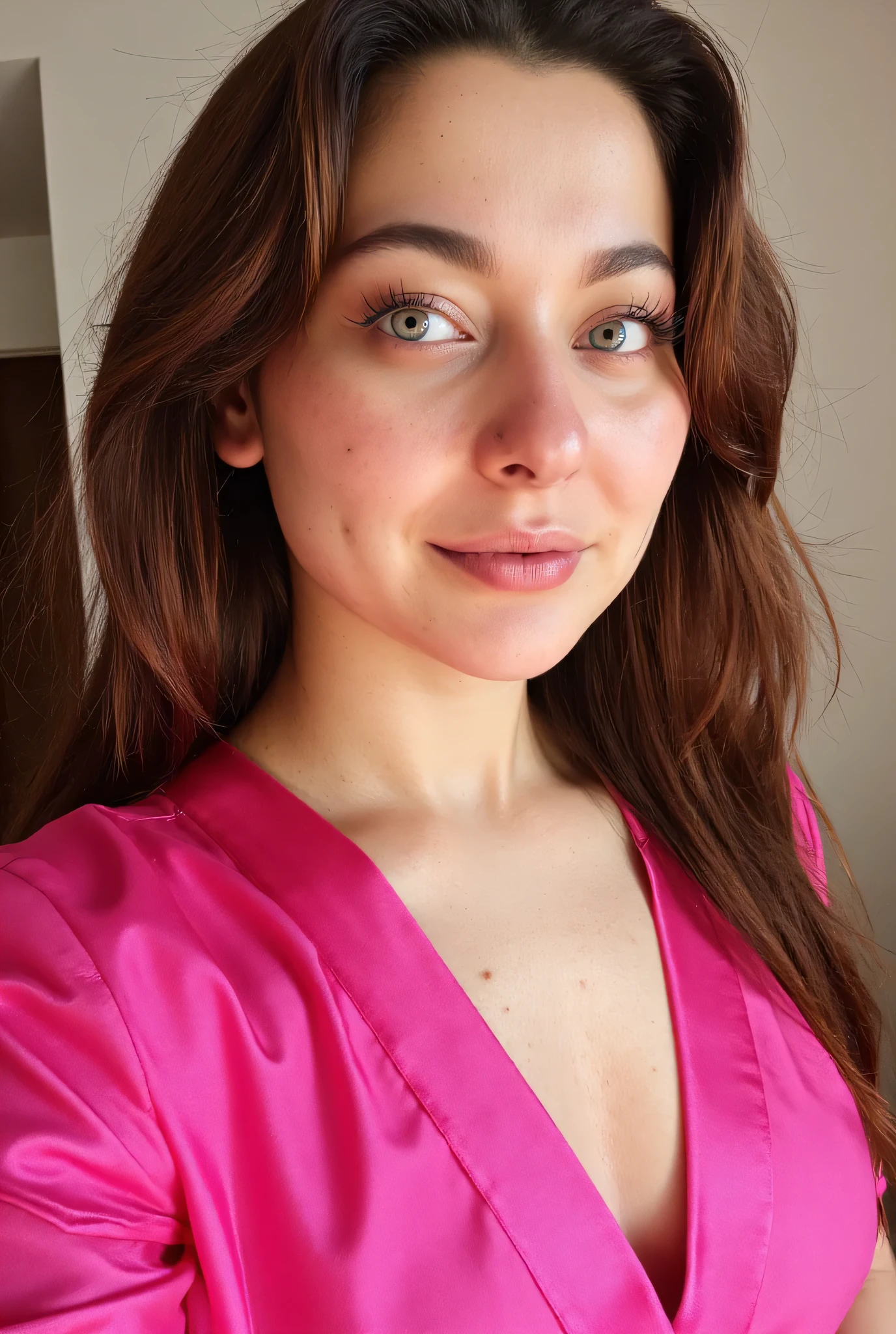 hania amir in satin Gown. ((pink nipples)), A full body portrait. she has striking blue eyes, and very long curly brown hair blowing gently, white skin. Showcasing vibrant colors and intricate details in the style of focus on face, high resolution, highly detailed, sharp representations.