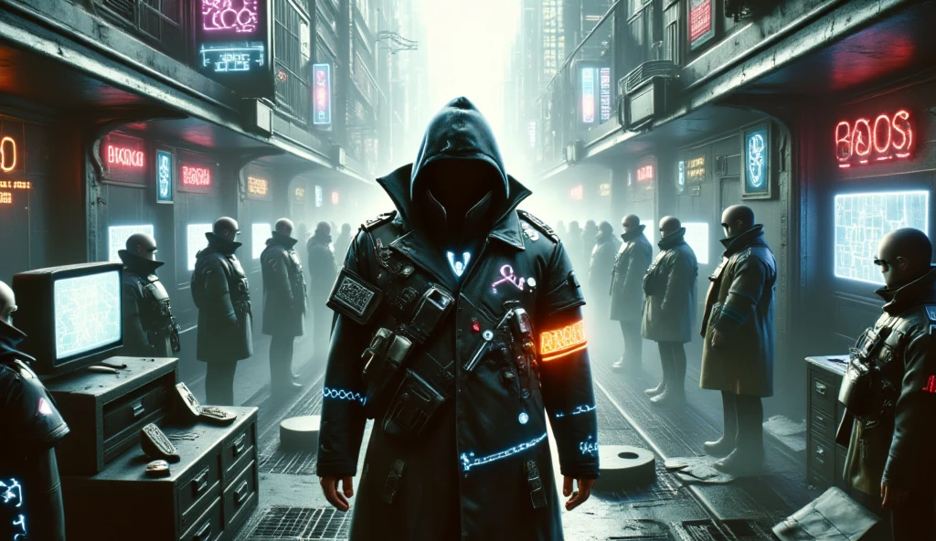 (best quality, 128k,highres,masterpiece:1.2),ultra-detailed,(realistic,photorealistic,photo-realistic:1.37), A cyberpunk-inspired dystopian city scene with a mysterious hooded figure sitting in a dominant position, wearing a futuristic dark cloak and intricate cyber-enhanced armor. The figure’s face is obscured by shadows and cybernetic enhancements glow faintly. The surrounding urban environment is filled with neon signs, holographic ads, and dense fog. Groups of masked enforcers in high-tech, armored trench coats and tactical gear stand silently around the central figure, exuding an ominous presence. The city streets are littered with debris and faint reflections of neon lights on the wet pavement. Skyscrapers with glowing cybernetic circuits loom in the background under a gloomy, polluted sky. The overall color palette includes dark shades of black and gray, accented with neon hues like electric blue, red, and purple to heighten the cyberpunk aesthetic. The atmosphere is heavy, with an air of tension and mystery.