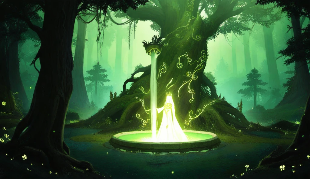 Prompt:

Create a breathtaking illustration of an enchanted forest infused with ancient magical energy, designed in a dark green and black color theme. In the heart of the forest lies the Sacred Fountain, a shimmering pool of mystical water glowing with a soft, ethereal green light. The fountain is surrounded by intricate stone carvings, glowing runes in emerald hues, and overgrown dark vines that emphasize its ancient and mysterious origins.

Eight unique representatives from different tribes, each wearing ceremonial attire in shades of green, black, and gold to reflect their culture, stand solemnly around the fountain, preparing for a grand competition to select the forest’s new guardian. Towering ancient trees with bioluminescent leaves form a protective canopy, their glow casting a soft greenish light over the entire scene. Hidden in the shadows, magical creatures such as glowing insects, shadowy fae, and mystical animals add an aura of vibrancy and wonder to the forest.

In the background, the Queen of the Forest, a regal figure with glowing emerald eyes and a crown of intertwined branches, watches from her throne carved into a massive tree trunk. Her aura is one of wisdom and command, yet her expression carries a hint of sorrow for the end of her reign.

Subtle details, such as cracks forming on the Sacred Fountain and the dimming intensity of its glow, hint at its waning power. The mystical atmosphere is completed with beams of soft golden-green light filtering through the treetops, illuminating the gathering with an air of reverence, destiny, and timeless magic.