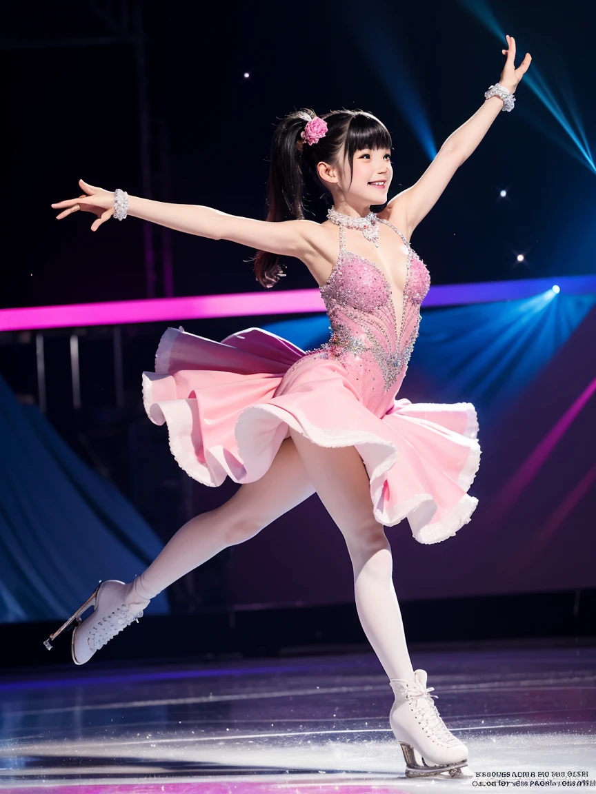  1 girl , Alone,  short twin tails,  black hair, bangs, full body, Ice Dance, Figure Skating Shoes,  one dancer dances in the blue ice world 。 sparkling crystals spread underfoot 、 there is a magical aura of light in the sky。The dress shines with glitter 、 pink peony 。