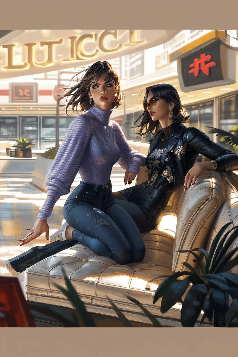  ,Fit to resolution,sce to size,full image,GUWEIZ ARTWORK , head to uper legs, Lucia and jason from gta 6 , she is wearing a pink turtle neck sweater long sleeve tight fit with abs showing,A purple jeans, brunette,with hair tied back,beautiful, movie atmosphere, couch  , normal pose , vice city 