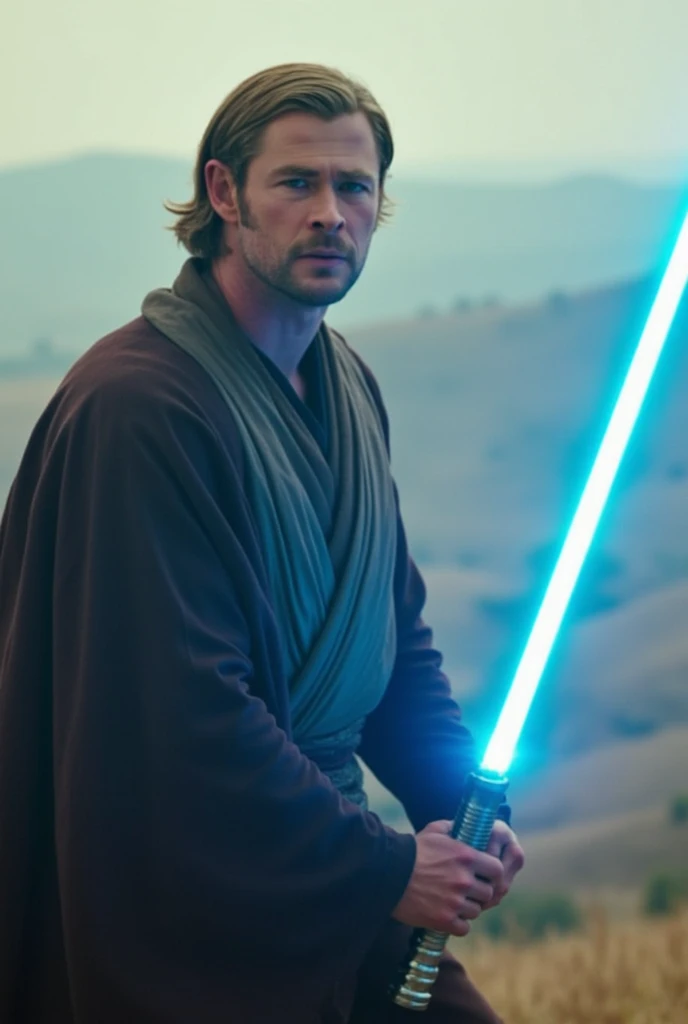 Chris Hemsworth, jedi robe dress, holding a blue lightsaber 