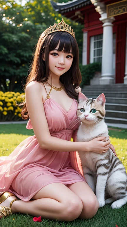 Beautiful young Thai woman wearing a pink dress and gold tiara sits on the grass in front of an ancient temple surrounded by roses, petting a white kitten with long fur, smiling at the camera. This photo-realistic image was taken using a Canon EOS R5.