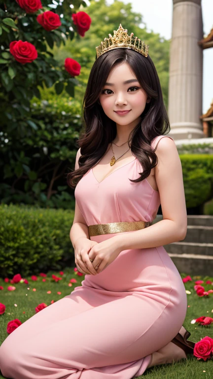 Beautiful young Thai woman wearing a pink dress and gold tiara sits on the grass in front of an ancient temple surrounded by roses, petting a white kitten with long fur, smiling at the camera. This photo-realistic image was taken using a Canon EOS R5.