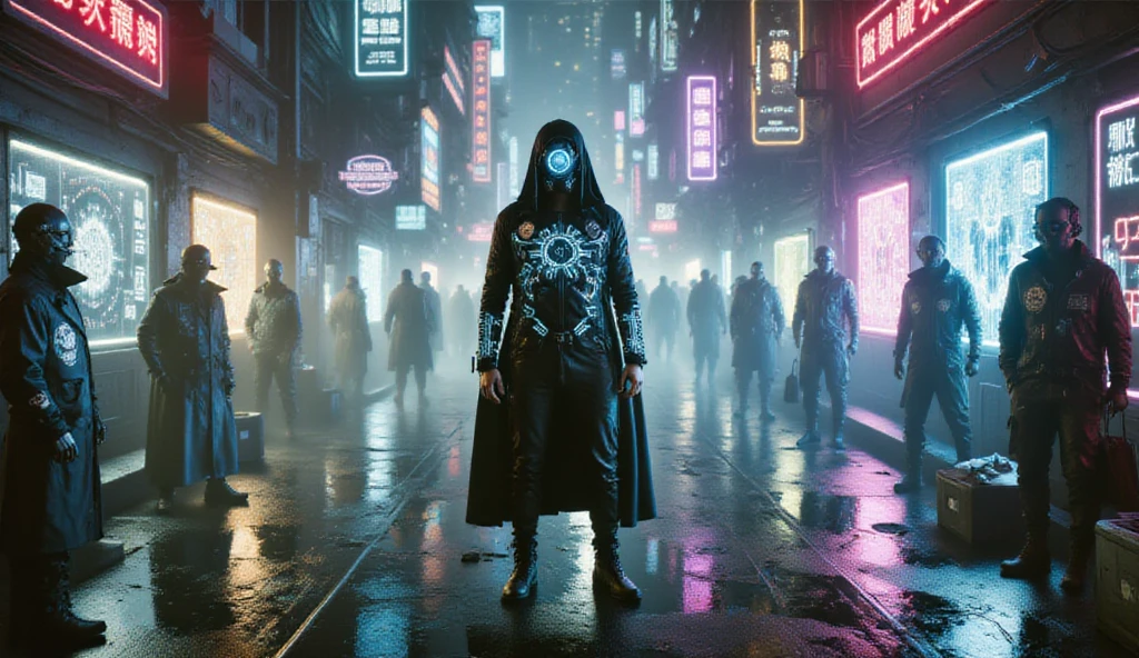 (best quality, 128k,highres,masterpiece:1.2),ultra-detailed,(realistic,photorealistic,photo-realistic:1.37), A cyberpunk-inspired dystopian city scene with a mysterious hooded figure sitting in a dominant position, wearing a futuristic dark cloak and intricate cyber-enhanced armor. The figure’s face is obscured by shadows and cybernetic enhancements glow faintly. The surrounding urban environment is filled with neon signs, holographic ads, and dense fog. Groups of masked enforcers in high-tech, armored trench coats and tactical gear stand silently around the central figure, exuding an ominous presence. The city streets are littered with debris and faint reflections of neon lights on the wet pavement. Skyscrapers with glowing cybernetic circuits loom in the background under a gloomy, polluted sky. The overall color palette includes dark shades of black and gray, accented with neon hues like electric blue, red, and purple to heighten the cyberpunk aesthetic. The atmosphere is heavy, with an air of tension and mystery.