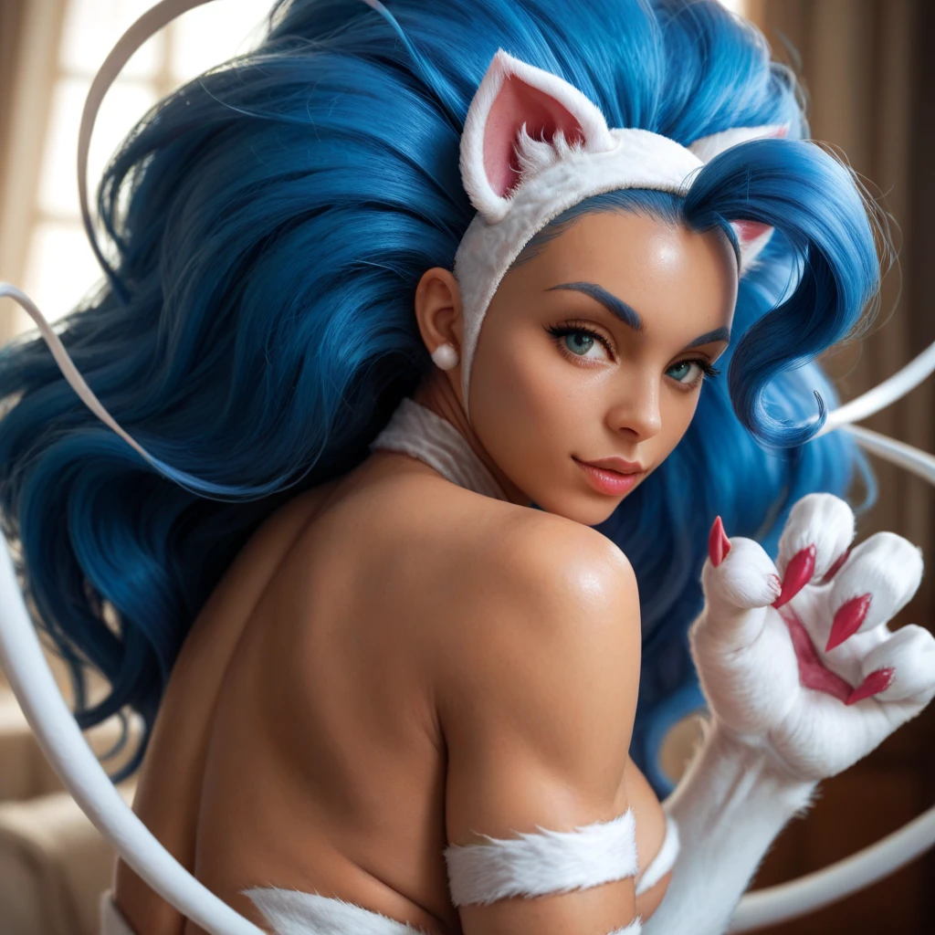 Felicia, blue hair, Green eyes, cat tail, happy, cute smile, sharp fangs, big breasts, big ass, in the bed,