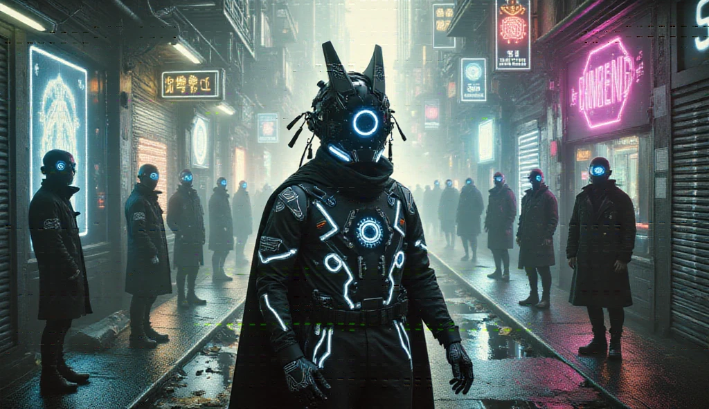 (best quality, 128k,highres,masterpiece:1.2),ultra-detailed,(realistic,photorealistic,photo-realistic:1.37), A cyberpunk-inspired dystopian city scene with a mysterious hooded figure sitting in a dominant position, wearing a futuristic dark cloak and intricate cyber-enhanced armor. The figure’s face is obscured by shadows and cybernetic enhancements glow faintly. The surrounding urban environment is filled with neon signs, holographic ads, and dense fog. Groups of masked enforcers in high-tech, armored trench coats and tactical gear stand silently around the central figure, exuding an ominous presence. The city streets are littered with debris and faint reflections of neon lights on the wet pavement. Skyscrapers with glowing cybernetic circuits loom in the background under a gloomy, polluted sky. The overall color palette includes dark shades of black and gray, accented with neon hues like electric blue, red, and purple to heighten the cyberpunk aesthetic. The atmosphere is heavy, with an air of tension and mystery.