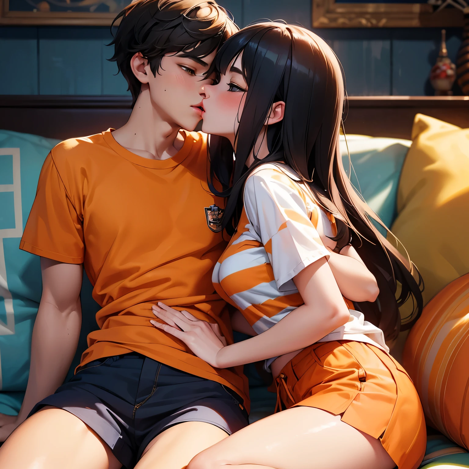 Amazing portrait of a young woman wearing white and orange striped t shirt and orange shorts and young boy wearing a navy blue t shirt and black shorts sitting on a bed together and kissing and making out passionately in a sexy and hot and lustful setting