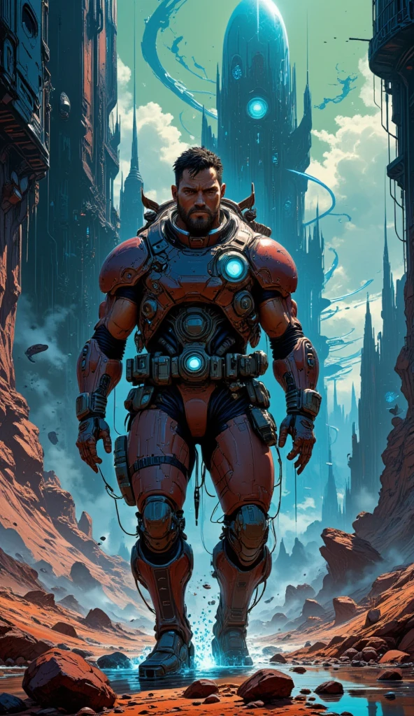 a male sci-fi space opera explorer, full body, comic book style cinematic horror scene, vibrant colors, detailed character, hyper realistic, 8k, award winning, masterpiece, intricate details, dramatic lighting, dynamic pose, cinematic composition, moody atmosphere, deep shadows, intense colors, high contrast, dramatic angles, cinematic framing, striking visuals, mesmerizing sci-fi aesthetic, captivating narrative, breathtaking scale, awe-inspiring grandeur, mind-bending imagination, flawless execution, visionary imagination, unparalleled craftsmanship