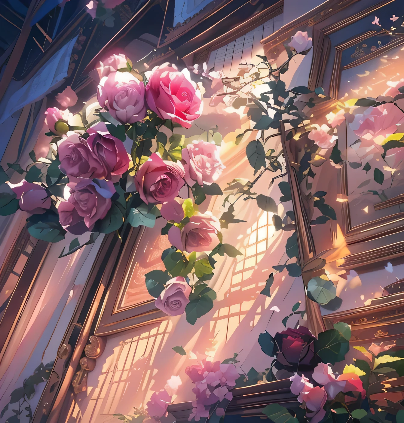 a rose garden, beautiful detailed petals, extremely detailed rose bushes, stunning rose garden, detailed vibrant rose, (best quality,4k,8k,highres,masterpiece:1.2),ultra-detailed,(realistic,photorealistic,photo-realistic:1.37),(revelatory:1.1),(most beautiful,exquisite:1.2),8k high resolution detailed cinematic wallpaper,lush green foliage,soft warm lighting,unreal engine 8k cinematic render,intricate details,vivid colors,breathtaking composition