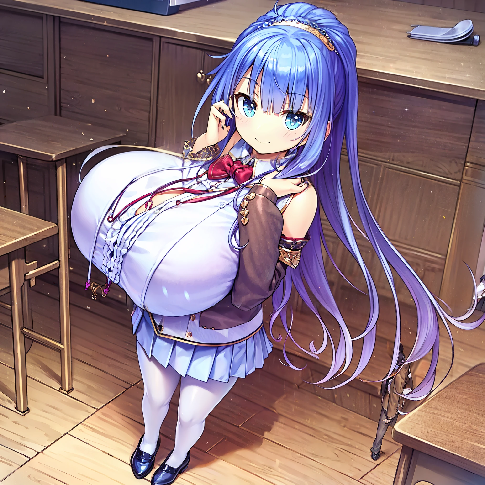 Anime girl with long blue hair and blue eyes in a kitchen - SeaArt AI