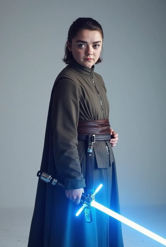 Maisie Williams, jedi robe dress, holding a blue lightsaber,portrait 