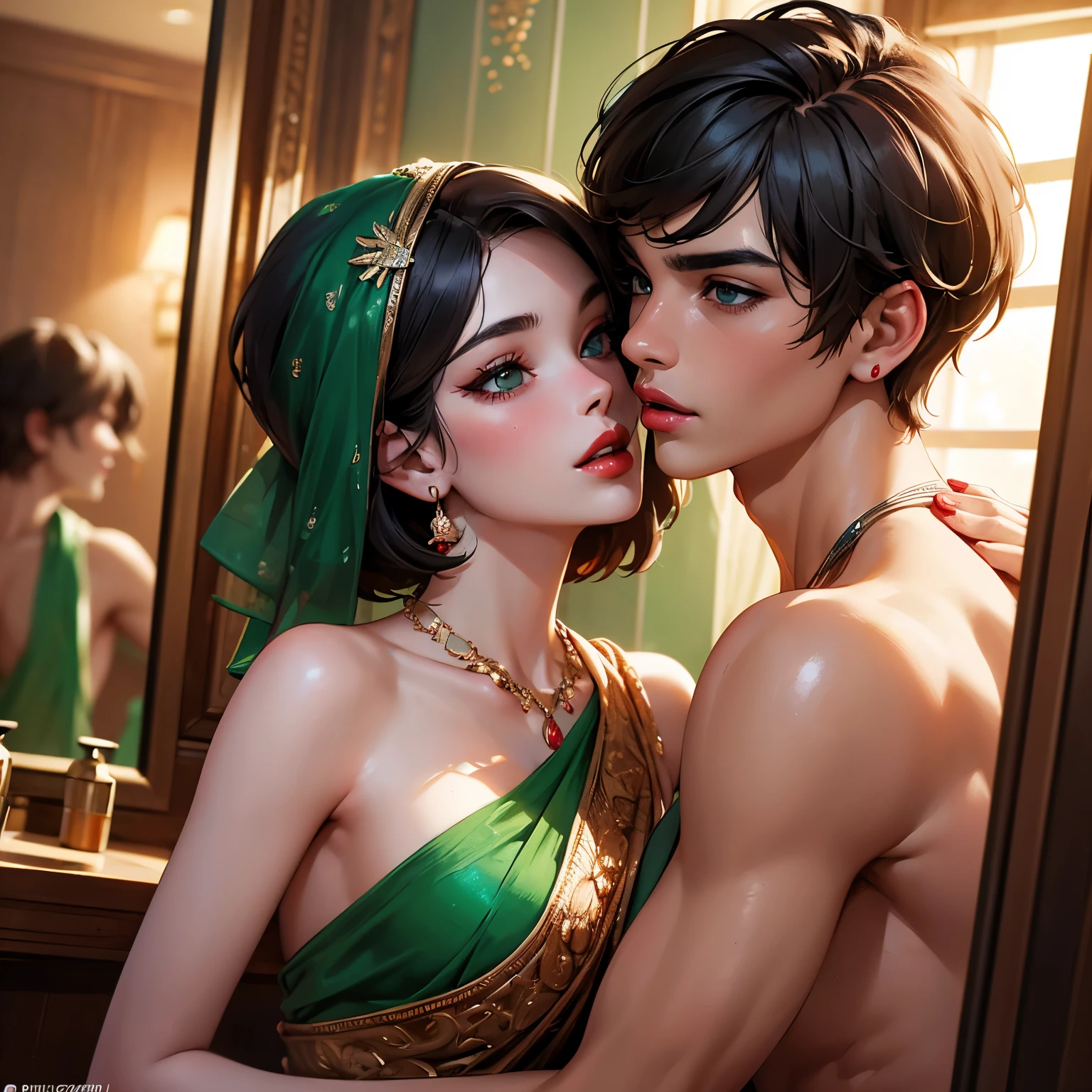 Hindu woman kissing Turkish tall white man on lips