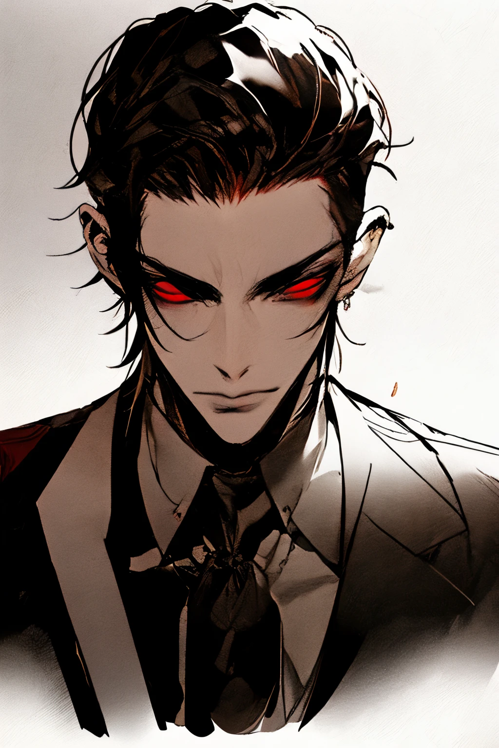 1 man, Alone, with a little bit of hair on their pussy, Black hair, red eyes, adult, broad shoulder , adult, piercer, Wraps, handsome face , Show up to the upper body