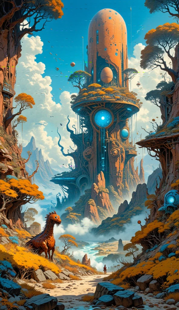 (oil painting,fantasy wrold),(masterpiece,best quality),(perfect composition,visual appeal),(ultra-detailed,more detail),(meticulous,aethetic),original,fantasy,qiteshanfeng,A whimsical landscape featuring a large,FANTASY STYLE,strange creatures,