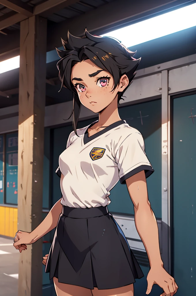 High-quality image of a teenage girl, aged between 13 and 15, set in a style reminiscent of Inazuma Eleven. The girl has crimson eyes, short black hair neatly styled, and a light dusting of freckles on her youthful face. She wears a school uniform consisting of a short-sleeved shirt and a neatly pleated skirt of appropriate length, ensuring a safe-for-work depiction. The overall style combines vivid, dynamic colors and detailed character design, capturing the sporty and lively world of school athletics.