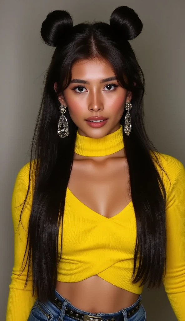 A young woman with a striking twin tail ponytail and two buns framing her face, gazing directly at the viewer. Her long hair cascades down her back like a waterfall of night, adorned with jewelry that catches the light. She wears a modern yellow turtle-neck sweater, paired with short trousers that accentuate her navel. Eye-catching hoop earrings glint on her earlobes, and her black eyes sparkle like polished gemstones. Her lips are painted a perfect shade of pink, and her realistic features seem to leap off the canvas.