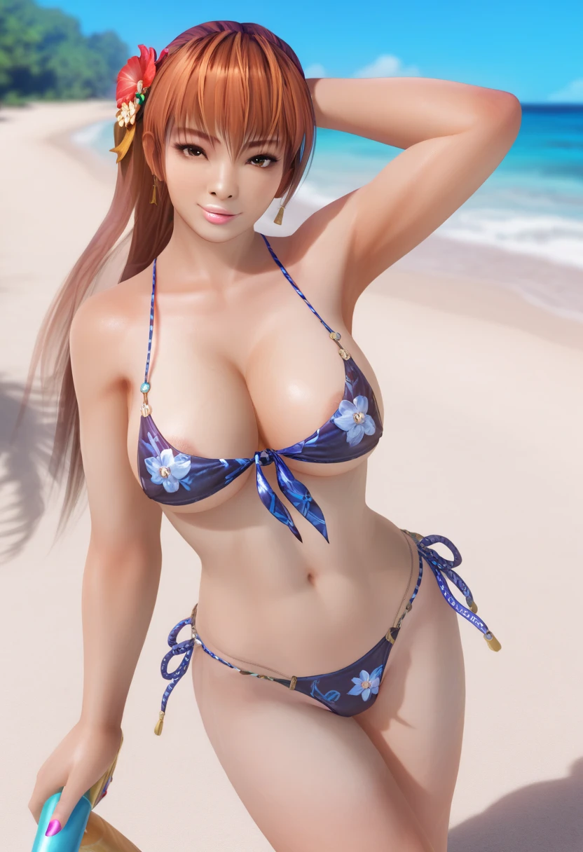 ((sexy girl ,gyaru)), glamorous, voluptuous, beach, looking at the viewer, seductive expression, sexy swimsuit, brown hair, belly button. DOAXVENUSANIMAGINEXL, Kasumi (DOA), curvy, slim figure, posing, Asian woman, flower in hair 