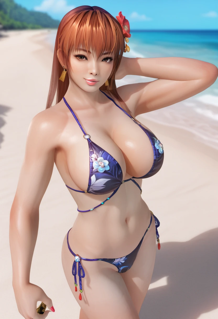 ((sexy girl ,gyaru)), glamorous, voluptuous, beach, looking at the viewer, seductive expression, sexy swimsuit, brown hair, belly button. DOAXVENUSANIMAGINEXL, Kasumi (DOA), curvy, slim figure, posing, Asian woman, flower in hair 