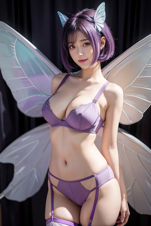 (((JPGND))), masterpiece, highest quality, (One girl), Ultra-Realistic Capture, Very detailed, High resolution 16k, Shiny skin, Skin should look healthy, Realistic skin texture, Skin texture must be natural, (((whole body, Height 10cm, (Round face:1.3), Short Bob Cut, Dark brown eyes, Thin lips, Thin eyebrows, large breasts with natural sagging:0.7))), In the stream near the flower garden、Tinkerbell with two wings is ringing。., ((blue eyes))), (((Twin Bang Pink Hair))), ((Micro bikini specifications(Pink, See through, Off the shoulder))) , They fly with wings and walk on water.