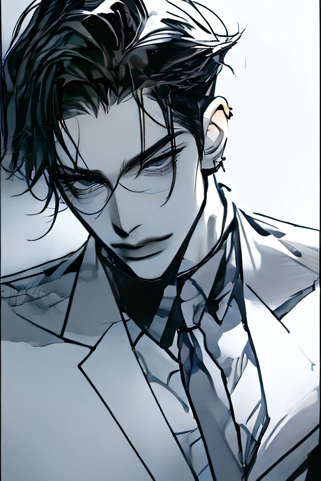 1 man, Alone, with a little bit of hair on their pussy, Black hair, adult, broad shoulder , adult, piercer, Wraps, Dropped bangs, beautiful and handsome face, best quality